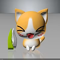 Cartoon Orange And White Cat With Happy Closed Eyes And Blushing Cheeks Near Green Leaf