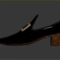 Stylish Black Leather Loafers With Square Metal Buckle And Wooden Heel Design
