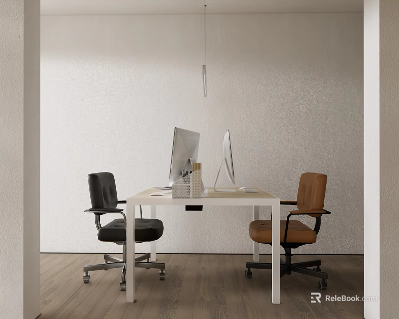 White Office Desk With Two Computer Monitors Black And Brown Chairs Wooden Floor 3d model 
