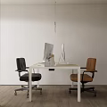 White Office Desk With Two Computer Monitors Black And Brown Chairs Wooden Floor