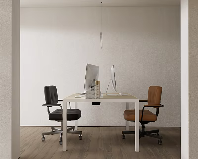 White Office Desk With Two Computer Monitors Black And Brown Chairs Wooden Floor 3d model
