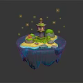Adorable Cartoon Floating Island Scene with Green Lighthouse Lush Plants Stones Blue Water and Glowing Particles