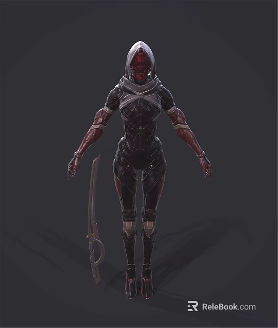 Fantasy Hooded Humanoid Creature With Red Arms Black Combat Suit Holding Curved Sword 3d model 