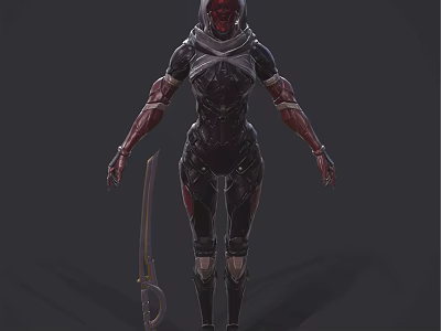 Fantasy Hooded Humanoid Creature With Red Arms Black Combat Suit Holding Curved Sword 3d model