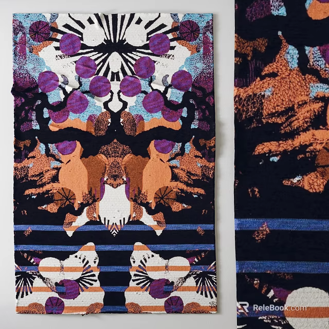 Artistic Square Rug With Purple Circular Patterns And Symmetrical Black Orange Design 3d model 