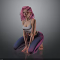Pink Haired Woman in White Sports Bra and Purple Gradient Leggings Crouching on Gray Background