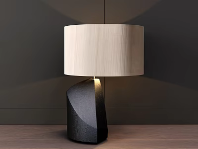 Modern Table Lamp With Irregular Black Base And Beige Lampshade On Wooden Tabletop 3d model
