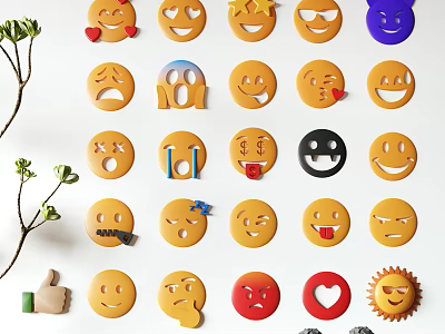 Vibrant Emoji Sticker Wall Decor With Various Expressions Smiley Faces Heart And Sun 3d model