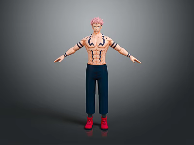 3D Character Model With Pink Hair Torso Tattoos Black Pants Red Shoes Arms Outstretched 3d model