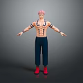 3D Character Model With Pink Hair Torso Tattoos Black Pants Red Shoes Arms Outstretched