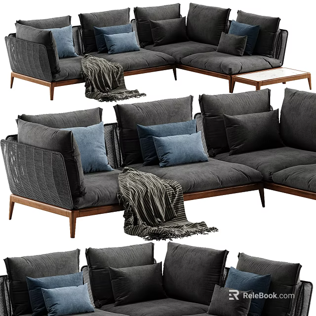 Gray Sectional Sofa With Blue Pillows Throw Blanket And Wooden Legs 3d model 