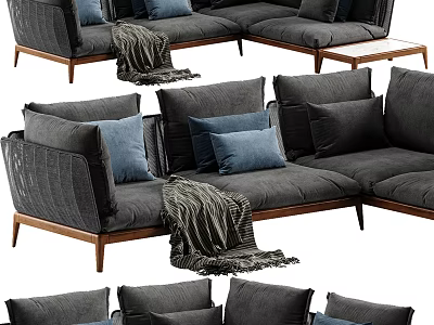 Gray Sectional Sofa With Blue Pillows Throw Blanket And Wooden Legs 3d model