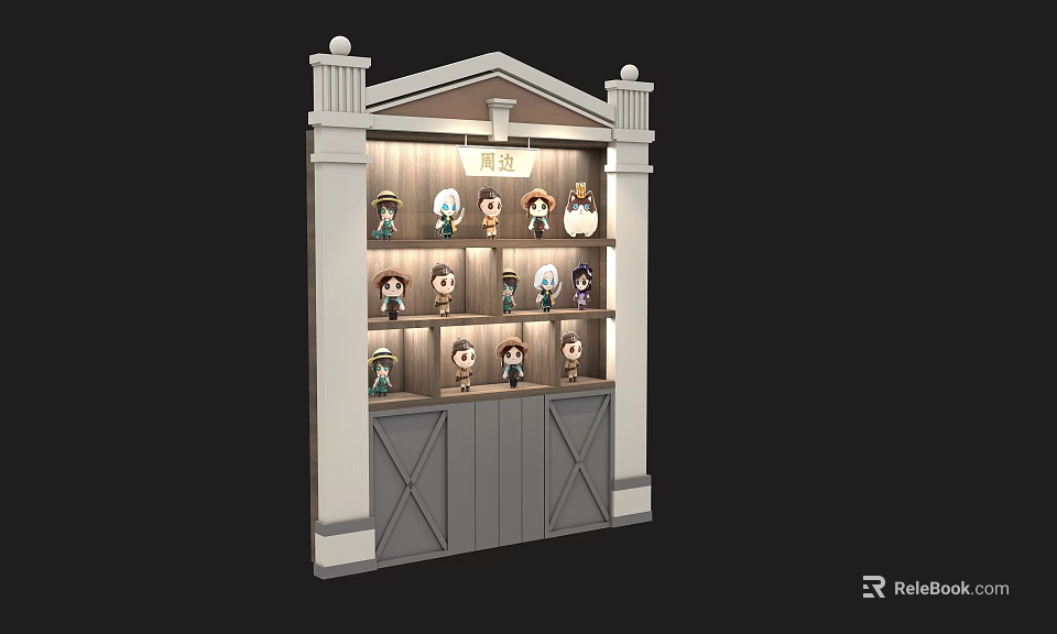 Elegant Decorative Cabinet With White Pillars And Multiple Shelves Displaying Figurines 3d model