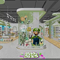 Green Specialty Store Interior With Glass Display Area Cartoon Figures Shelves And Plant Decorations
