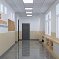Bright School Corridor Interior with Windows Bench Wall Decorations and Bookshelves 3d model