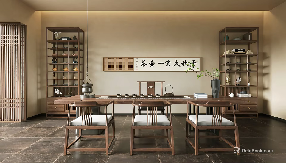 Traditional Chinese Tea Room With Wooden Furniture Tea Table Chairs Bookshelves And Calligraphy Art 3d model 