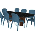 Modern Dining Table Set With Marble Top And Six Blue Chairs 3d model