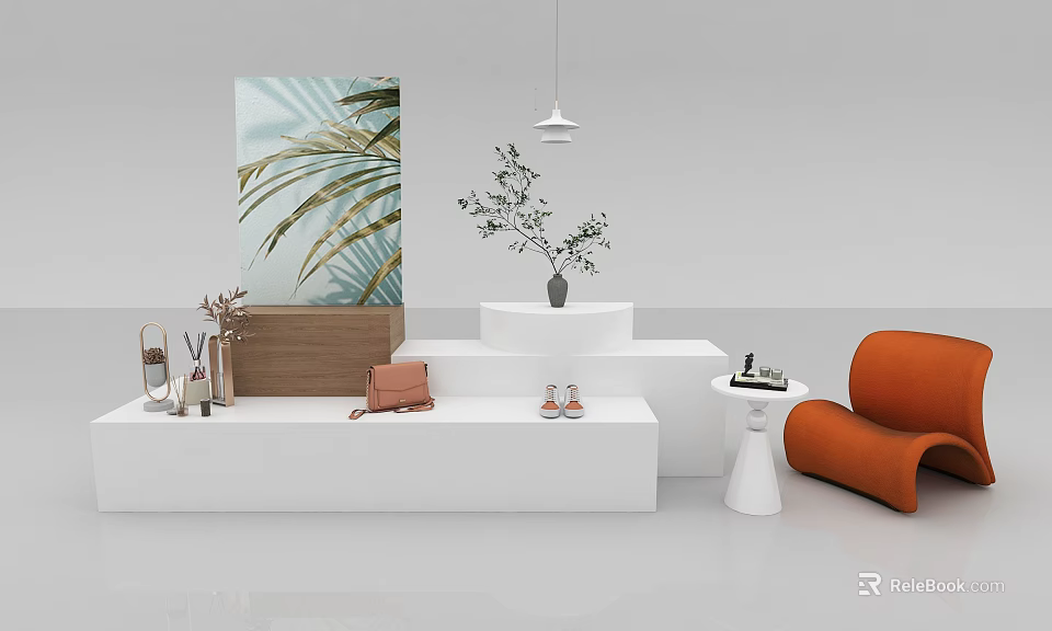White Display Platforms With Palm Leaf Art Small Plant Accessories And Orange Armchair 3d model 