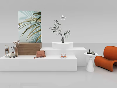 White Display Platforms With Palm Leaf Art Small Plant Accessories And Orange Armchair 3d model