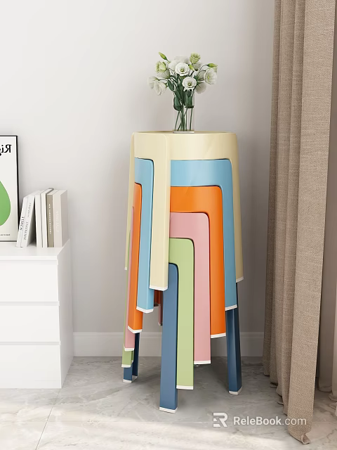 Stylish Colorful Stacked Plastic Stools With Blue Orange Pink And Green In Indoor Room 3d model 