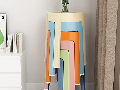 Stylish Colorful Stacked Plastic Stools With Blue Orange Pink And Green In Indoor Room 3d model