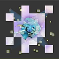 Blue Haired Game Movie Character In Short Dress Standing On Geometric Platform With Sparkles