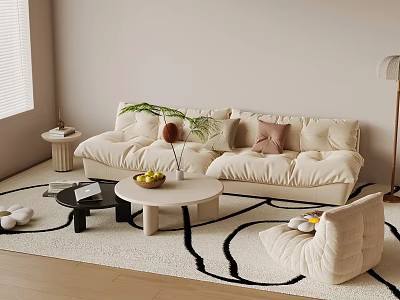 Beige Sofa Coffee Table Set With Pillows Fruits Green Plant And Floor Lamp On Rug 3d model