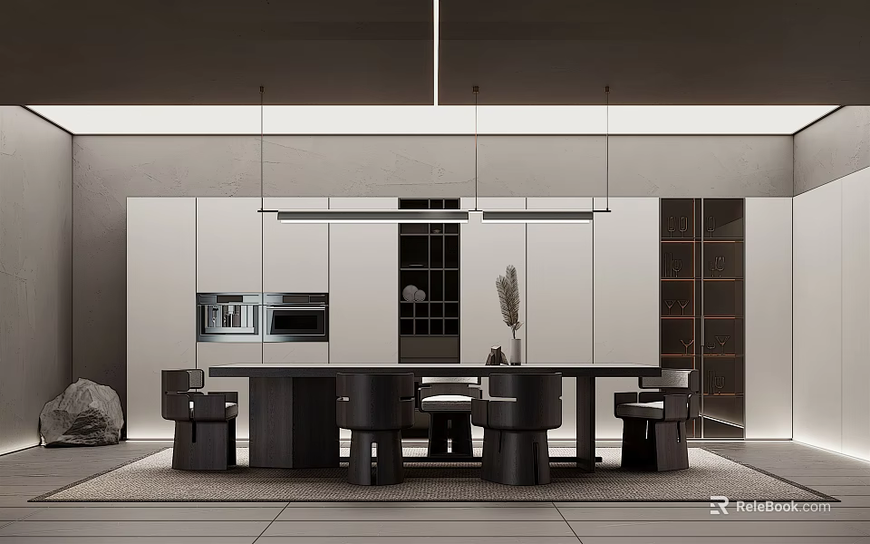 Modern Restaurant Open Kitchen Design With Island Counter Hanging Lights And Cabinets 3d model 