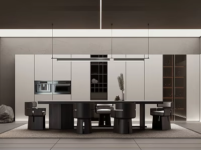 Modern Restaurant Open Kitchen Design With Island Counter Hanging Lights And Cabinets 3d model