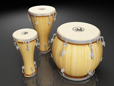 Three Wooden Drums With Light Yellow Finish White Drumheads And Metal Ring Decorations 3d model