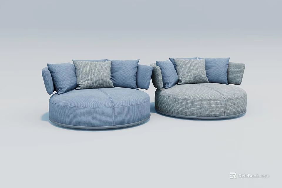 Round Single Sofa with Blue Gray Fabric and Soft Cushions for Modern Living Room 3d model 