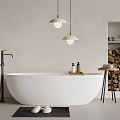 Modern White Bathtub With Hanging Lights Faucet Mat And Wood Logs