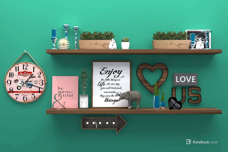 Decorative Ornament Collection with Clock Plants Heart Sign and Letter Decor on Shelf 3d model 