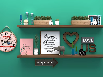 Decorative Ornament Collection with Clock Plants Heart Sign and Letter Decor on Shelf 3d model