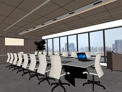 Modern Conference Room With Long Table White Chairs Laptop And City View Through Large Windows 3d model