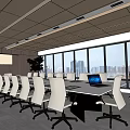 Modern Conference Room With Long Table White Chairs Laptop And City View Through Large Windows
