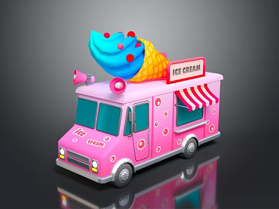 Pink Ice Cream Truck With Giant Cone Sign And Striped Awning Decorations 3d model
