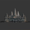 Ancient Traditional Temple Complex Model Featuring Multiple Spires Square Layout And Stone Carvings