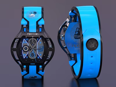 APEXON Blue And Black Watch With Multifunctional Dials Rubber Strap Front And Back 3d model