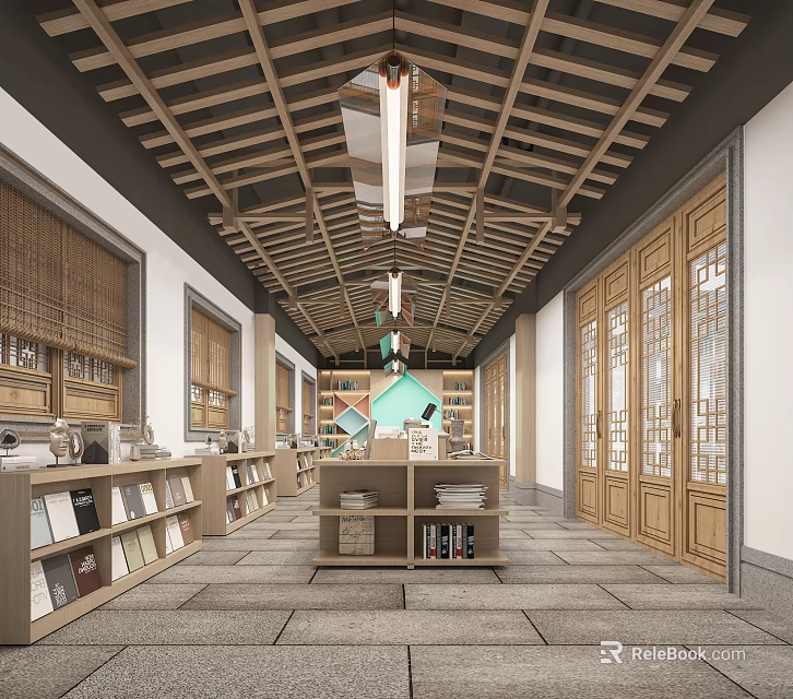 Traditional Chinese Style Bookstore Interior With Bookshelves And Lattice Doors 3d model 