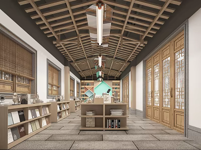 Traditional Chinese Style Bookstore Interior With Bookshelves And Lattice Doors 3d model