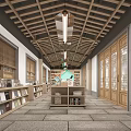 Traditional Chinese Style Bookstore Interior With Bookshelves And Lattice Doors