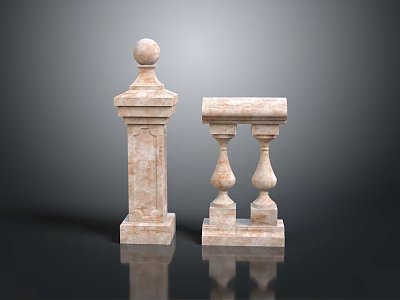 Scenic Landscape Featuring Beige Stone Balustrade Pillars With Spherical Top Decorative Posts And Reflection 3d model