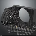 3D Vault Door Scene With Metal Frame Checkerboard Platform And Scattered Gold Coins