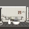 Modern Minimalist Living Room Interior With Light Sofa Coffee Table Patterned Rug And Decorative Art
