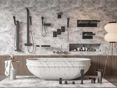 Luxurious Marble Bathtub In Modern Bathroom With Gray Stone Wall And Black Shower Fixtures 3d model