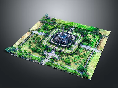 Historic Garden Complex With Central Pavilion Symmetrical Layout Pathways And Lush Greenery 3d model