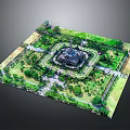 Historic Garden Complex With Central Pavilion Symmetrical Layout Pathways And Lush Greenery 3d model