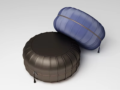 Modern Black And Blue Round Leather Sofa Stools With Stitched Design 3d model