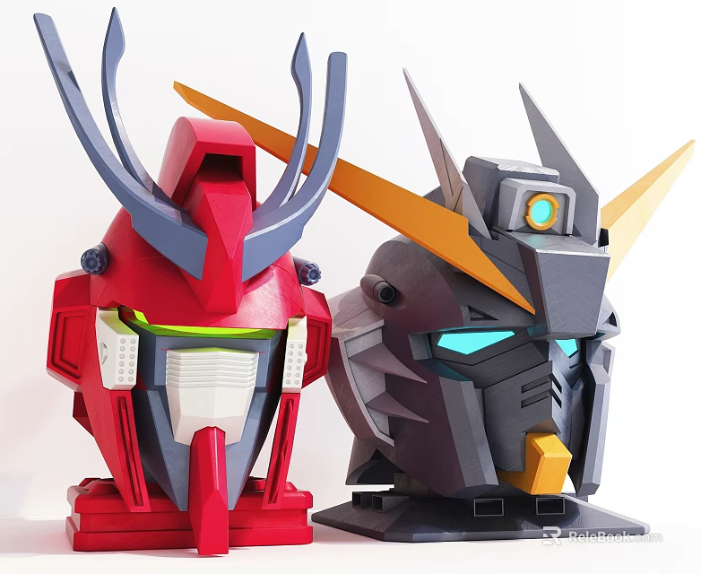 Smart Robot Head Models With Red And Gray Horned Design And Glowing Eyes 3d model